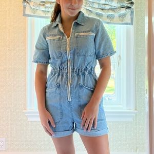 Mid Blue Wash Zip Front Denim Romper